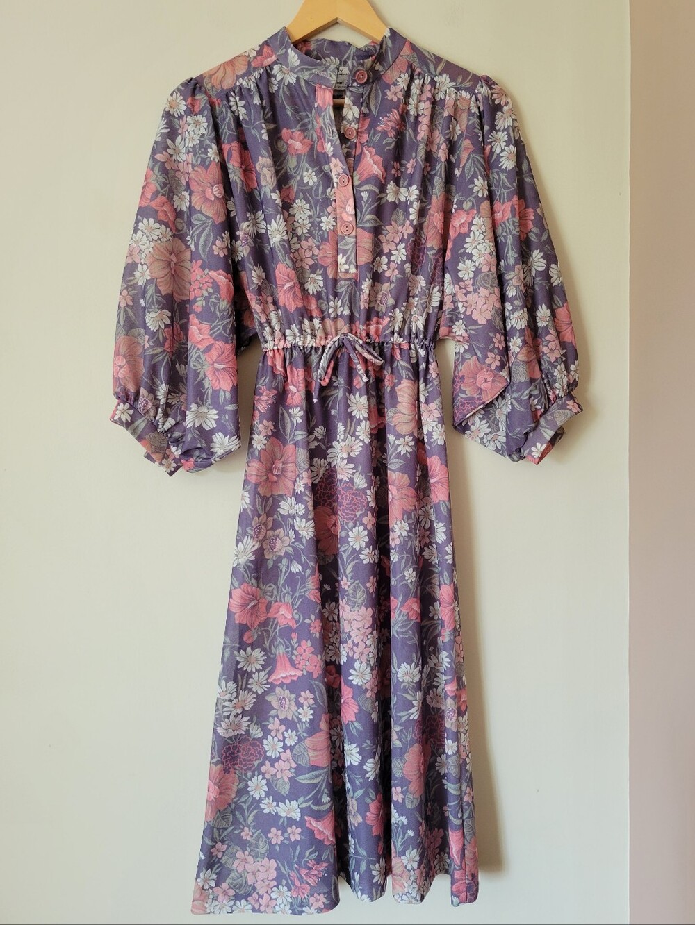 Vintage 70s Floral Boho Cottagecore Prairie Midi Dress Balloon Sleeve Sz Small